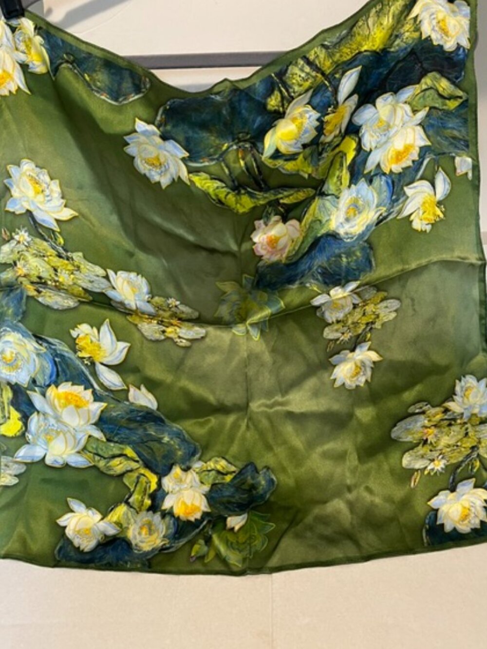 Green waterlily silk square scarf.